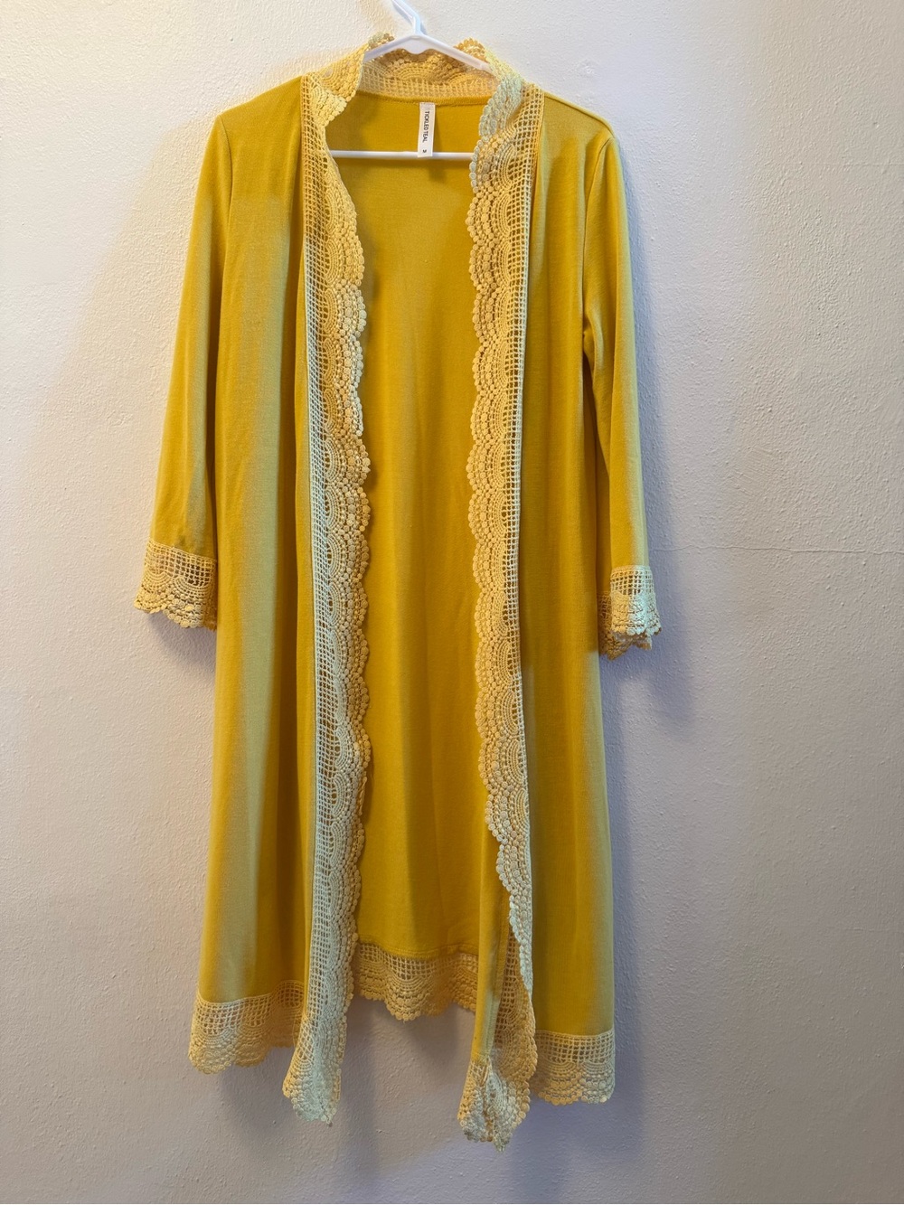Tickled Teal Mustard Yellow Long Duster Cardigan Crochet Lace Trim M